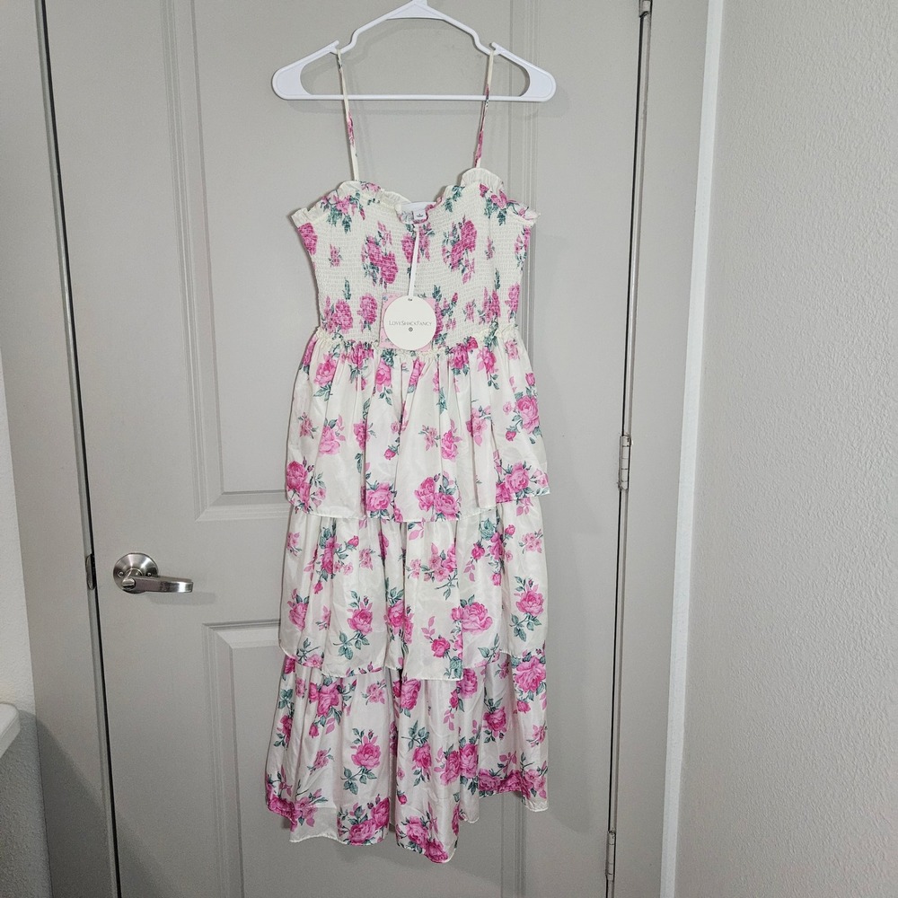 LoveShackFancy Target Floral Smocked Tiered Midi Dress Ivory Pink Size S NWT